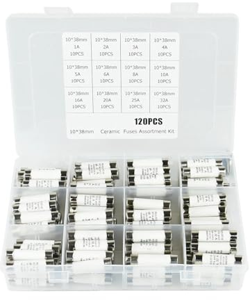 MRVAKDYDI Fusibili rapidi in Vetro Tubolare, 120 Pezzi 12 valori Kit Assortiti 10x38mm 500V 1A 2A 3A 4A 5A 6A 8A 10A 16A 20A 25A 32A fusibili tubolari con Scatola di plastica