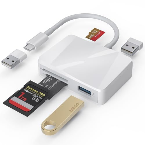 SD Card Reader, 5 in 1 USB-C & USB Dual Connectors Card Adapter with SD/MicroSD/MS/Dual USB-A 5 Slots Memroy Card Reader for iPhone 17/16/15 Pro Max iPad MacBook Pro/Air M4/M3 Android Phone/Tablet PC