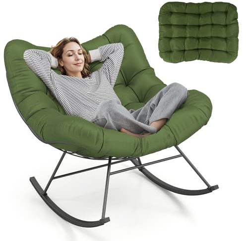 RELAX4LIFE Fauteuil à Bascule de Jardin, Chaise Papasan avec Coussin et Cadre en Métal pour Intérieur et Extérieur, Charge 205KG pour Chambre Salon Porche Jardin Terrasse (Gris) (Vert Militaire)