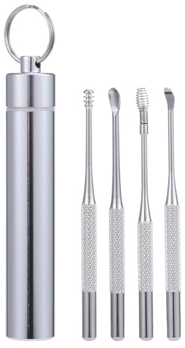 MUCKLILY Edelstahl Ohrreiniger 4 Stück mit Etui Spiral Ohrpicks zur Effektiven Ohrenschmalzentfernung Ergonomischer Griff Tragbares Ohrreinigungswerkzeug für Erwachsene und Reisen