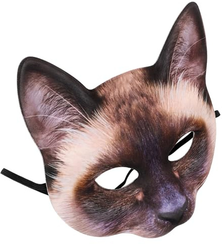 ifundom Masque Chat Demi-Yeux Cosplay Visage Chat Amusant En Tissu Brun Style Siamois Pour Carnaval Halloween Bal Masqué Et Banquet