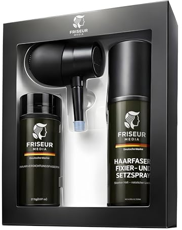 FriseurMedia Premium Streuhaar zur Haarverdichtung – Set für volles Haar in Sekunden – Inkl. Fixierspray für Streuhaar & Schütthaar, 24H unbesiegbar & wasserfest (Schwarz, Premium Set (3-teilig))