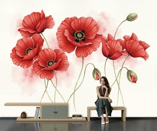 Carta Da Parati Panoramica Rosso 200 x 140 cm - Murales Elegante Floreale tessuto non tessuto, Decor Carta da Parati Acquerello Papavero, per Soggiorno Cucina Corridoio Muro Di Sfondo