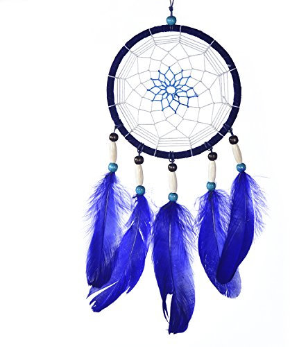 DonDon Traumfänger für Gute Träume mit Perlen und echten Federn blau Ø 14 cm