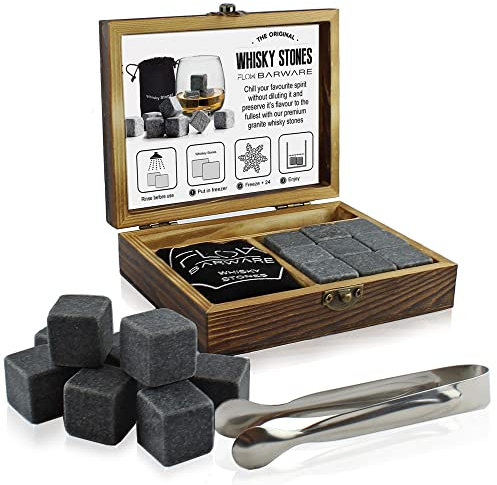 FLOW Barware Whisky Stones | 9 Polished Whiskey Stones Gift Set with Ice Tongs & Wooden Box | Whiskey Stone Gift for Dad, For Men or Fathers Day | Grantite Whisky Stone Cooling Cubes