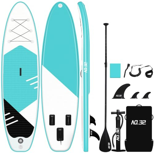 NO. 32 Inflatable Board 10'6/320cm Stand Up Paddle Board Ultra-Wide, Stable & Light incl Inflatable SUP Board, Adjustable Paddle, Air Pump, Backpack, 3 Fins, Leash, Non-Slip Deckpad & Repair Kit