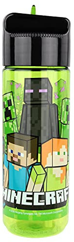 p:os 33171 - Gourde pour enfants, environ 540 ml, design transparent avec motif Minecraft et paille intégrée à rabat, en plastique, sans BPA et phtalates