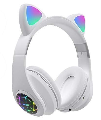 AchidistviQ Casque supra-auriculaire sans fil rechargeable en forme d'oreilles de chat, casque Bluetooth pliable avec microphone pour garçons, filles, adultes, 8 heures de lecture, blanc