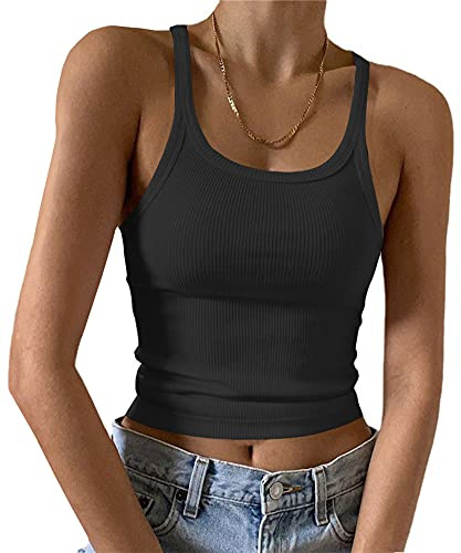 Artfish Women's Sleeveless Tank Top Form Fitting Scoop Neck Ribbed Knit Basic Cami Tight Fitted Black M