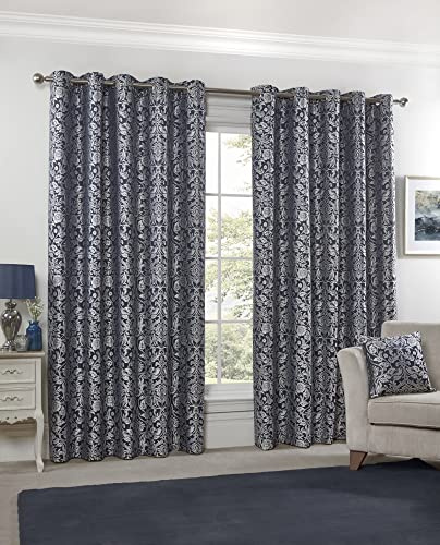 Emma Barclay – Fully Lined Curtains for Bedroom Living Room Jacquard Eyelet Two Panel Damask Curtains Eden Collection (66” x 90” Inch)(Navy)