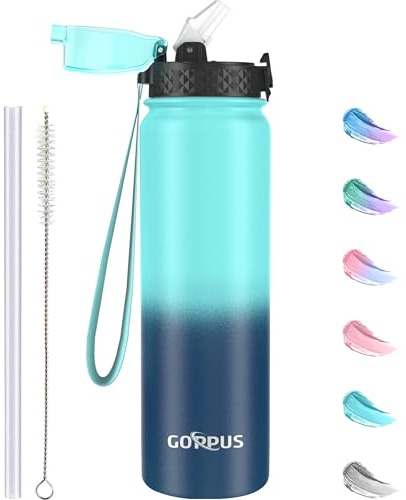 GOPPUS 1L/32oz Thermosflasche mit Strohhalm Doppelschicht Edelstahl Trinkflasche 1 Liter Isolierflasche Auslaufsicher Sport Wasserflasche Kohlensäure Water Bottle Trinkflaschen BPA-frei Wasser Flasche