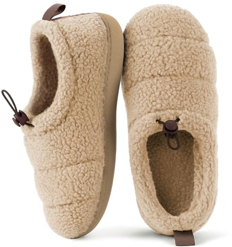 RockDove Women’s Sherpa Fleece Camp Slippers Memory Foam Indoor Outdoor Machine Washable, Size 8 US Women, Sand