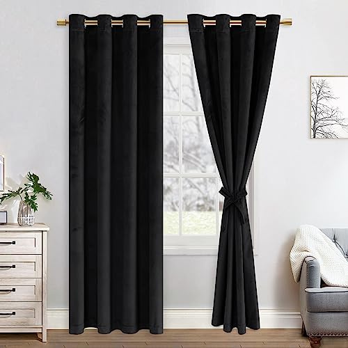 JIUZHEN Samt Vorhang Wohnzimmer Samtvorhang Gardinen Verdunklungsvorhänge | 2er Set mit Ösen für Schlafzimmer,140x225cm (Breite x Höhe),Schwarz