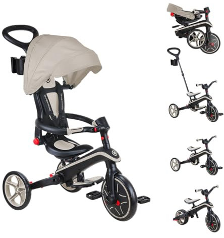 GLOBBER Explorer Trike Foldable 4in1 Beige – Dreirad, Laufrad und Kinderwagen in 10/8,5 Zoll – TPR-Sitz – höhenverstellbares Kinderfahrzeug