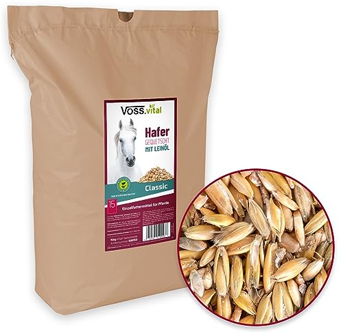 VOSS.vital Hafer, gewalzt mit Leinöl, 15kg Pferdefutter, Walzhafer, Pferd, Pony, Futterhafer, gewalzter Hafer