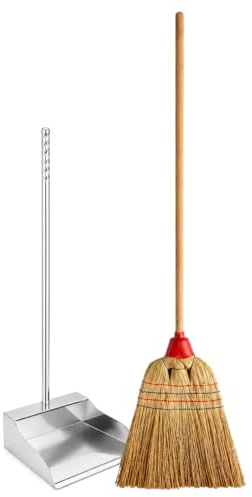 VIRSUS Set Scopa Saggina a 4 Fili + Paletta in Metallo Zincato, Scopa con Manico in Legno da 89 cm e 4 Cuciture, Paletta Antiruggine Manico 67 cm, per la Pulizia degli Esterni, Giardino, Viale -F