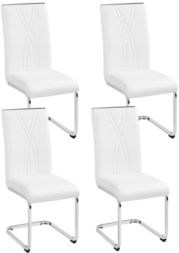 Yaheetech Lot de 4 Chaises Cantilevers Chaises de Salle à Manger en Similicuir Chaises de Cuisine avec Pieds Métalliques Haut Dossier Design Contemporain pour Salon Bureau Chambre Blanc