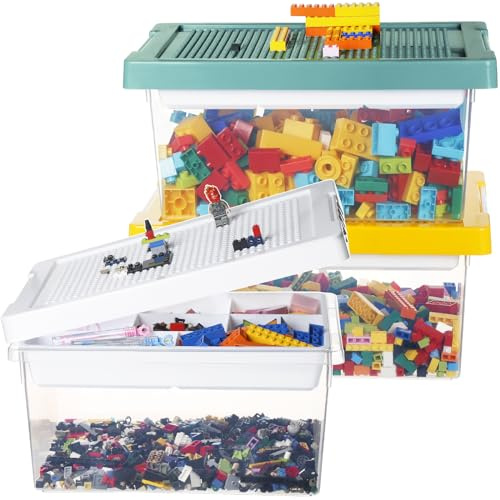 Greentainer Art Craft Storage Organizer Bins with Removable Tray - Stackable Plastic Organizer Box Set of 3, Kids Toys Chests with Building Baseplate and Lid, Storage Container for Building Bricks