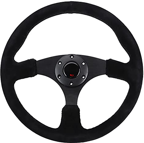 Volant de Course, 14 Pouces/350 Mm avec Daim Noir, Coutures Noires et Bouton de Klaxon pour à 6 Boulons, Idéal pour les Amateurs de Sport Automobile