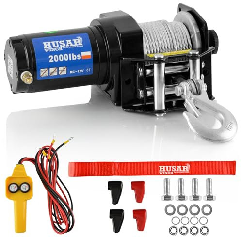 Husar Winch Verricello Elettrico 12V, 2000 lbs | 907 kg – Cavo in Acciaio da 15 Metri, Estremamente Robusto, Comando a Filo, Freno Automatico, Kit di Montaggio – Ideale per Quad e ATV/UTV