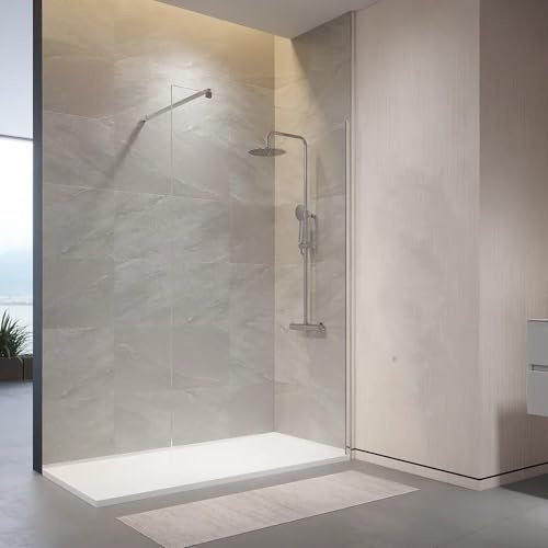 Box doccia walk-in 150 cm in vetro trasparente 8 mm, h.200 cm, con trattamento anticalcare, barra di sostegno regolabile