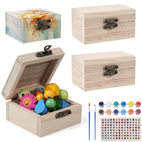 Prebarfun 4 Stück Mini Schatztruhe, DIY Kleine Holzkiste mit Deckel, Geburtstagsparty-Schatzkiste mit Diamantaufkleber & 12-Pigmente & Pinsel, 6.8x6.8x4cm & 9x5.5x5cm