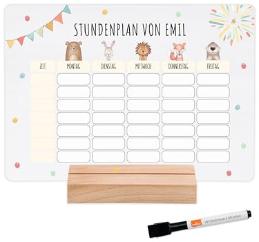 wunderwunsch® - Personalisierbarer & Abwaschbarer Stundenplan aus Acryl + Stift und Holzhalter - Einschulung Geschenk, für Schultüte zum Schulanfang oder Grundschule (Tiere Girlande,mit Holzhalter)