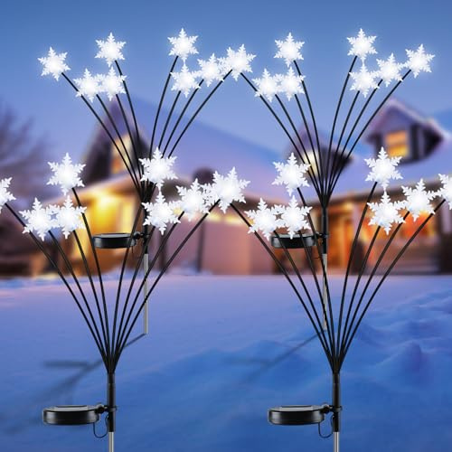 Solarlampen für Außen Garten 4 Stück 32LED Solar Weihnachtsbaumbeleuchtung Außen mit Schneeflocke, Weihnachtsdekoration Außen Wasserdichte Solar Weihnachtsbeleuchtung für Außen Garten Weg Hof Terrasse