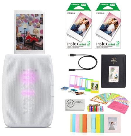 Fujifilm INSTAX Mini Link 3 Smartphone Printer | Clay White Bundled with INSTAX Mini Instant Film | 20 Exposures + Instax Mini Album, Borders, Stickers & Clips + Microfiber Cleaning Cloth (4 Items)