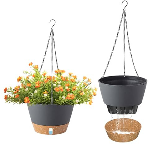 JAMHEXOU 2PC Hanging Planters 20cm Indoor/Outdoor Black Hanging Plant Pot Basket Hanging Flower Pot with Drainage Hole 3 Hooks for Garden Home(8 Inch, Black)