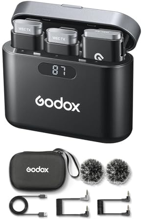 GODOX WEC Kit2 - Sistema de micrófono inalámbrico de 2.4 G, cancelación de ruido, transmisión de 200 m, batería integrada con funda de carga para smartphone, cámara réflex digital, portátil de 3,5 mm