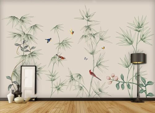 Carta Da Parati Fotografica 3D Nuova Parete Di Sfondo Cinese Dipinta A Mano Con Fiori Verdi Di Bambù E Uccelli 200x140cm Soggiorno Camera Da Letto Giungla Natura Poster Gigante Design Murale