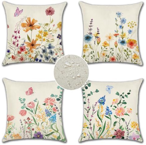 JOTOM Set of 4 Waterproof Cushion Covers 45x45 cm Outdoor Flower Throw Pillow Covers Spring Floral Farmhouse Decorative Pillow Cases for Patio Garden Porch Bench Sofa Indoor Bed (Flowers Butterfly)