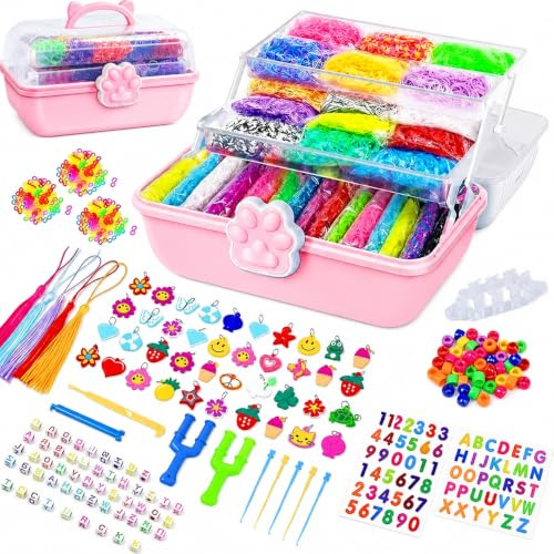 Crafties 17000+ Pcs DIYLoom Band Kit - 32 Vibrant Colors Rubber Loom Bands, Bracelet Making Set with Loom Board & Craft Storage Box for Kids, Girls, Boys (Pink)