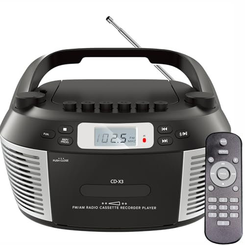 Boombox Portable PROCAGE Boombox avec Bluetooth, Combo Boombox Lecteur de Cassette, avec CDS à Distance et Compatible, CD-R/RW, Lecture USB avec Prise d'écouteurs, Radio AM/FM, AC/Battreed