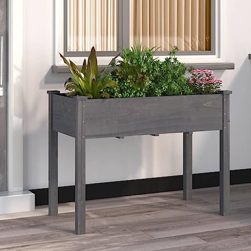 Brokky 364235 Planter with Liner Grey 118x59x76 cm Solid Wood Fir Raised Flower Bed Planter Container Box Flower Pot Herb Pot