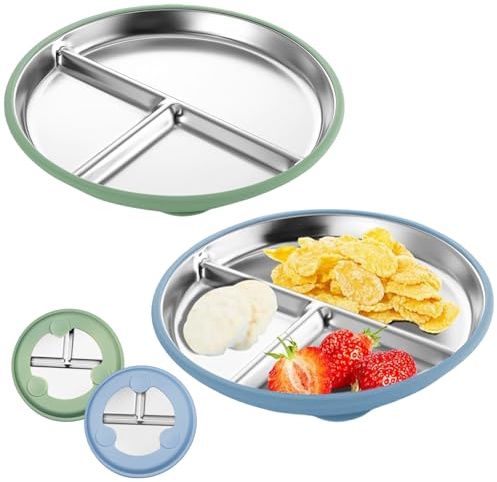 FloralGrace 2 Stück Edelstahl Baby Teller mit Saugnapf, 23CM Geteilte Kinder Teller mit Entfernbarer Silikon Hülle für Kinder, Nicht Rutschig Unzerbrechlich (Blau Grün)