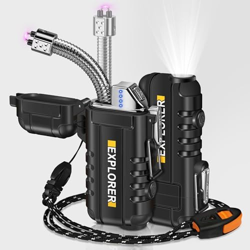 Lafagiet Elektrisches USB C Wiederaufladbares Feuerzeug mit LED-Batterieanzeige & Taschenlampe, Wasserdicht, Winddicht, 360° Flexibler Lichtbogen Feuerzeuge für Kerze, Camping