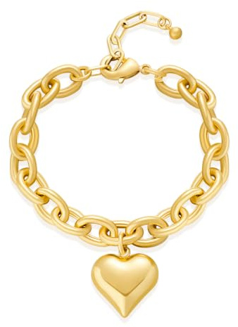 WOWORAMA Chunky Gold Bracelets for Women Gold Chunky Chain Bracelet Puffy Chunky Heart Charm Bracelet Adjustable Thick Chunky Link Bracelets