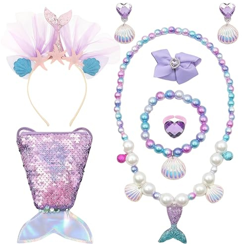 Charfia 8 Pcs Meerjungfrau Schmuckset Mädchen, Meerjungfrau Prinzessin Kostüm,Inkl. Glitter Haarband,Meerjungfrauenflosse Mädchen Tasche,Halskette,Ringe,Armbänder,Ohrring,Geschenke für Party,Dress Up