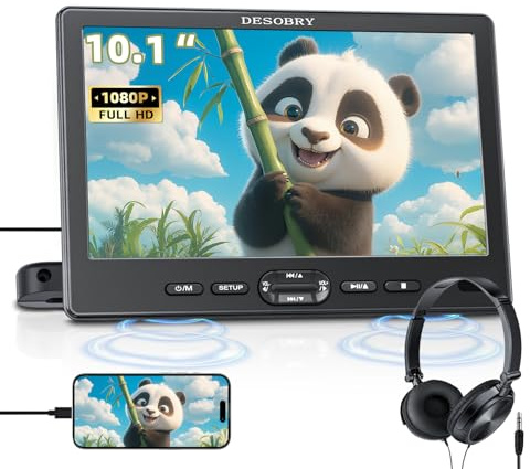 Lettore DVD per auto da 10,1 con disco di tipo suction, DESOBRY 1080P Portable DVD Player for Car with Headphones, Mounting Brackets, Support HDMI Input, AV in/out, Region Free, Carico Memory