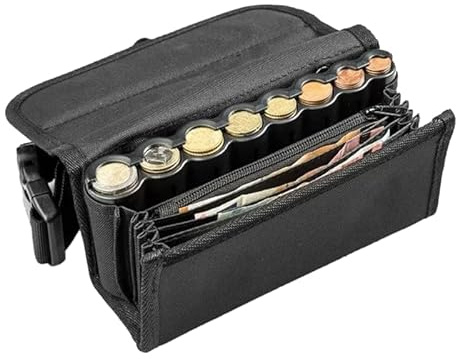 Organizador de Dinero con Portamonedas - Riñonera Camarero - Portamonedas Taxi - Clasificador de Monedas - Dispensador con 8 Huecos - 4 Organizadores de Billetes - Cinturón Ajustable - Monedero Negro