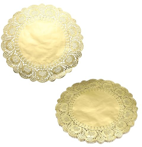 QUARKZMAN 100pcs Mantelitos de Encaje 12 Pulgadas Dorados Redondos Desechables, Papel Decorativo para Pasteles, Postres, Decoración de Alimentos, Bodas, Cumpleaños | Cubiertas de papel de encaje para tartas, postres, decoración de alimentos, bodas, cumpleaños