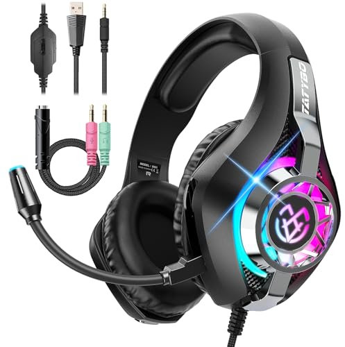 Tatybo Gaming Headset for Ps4 Ps5 Xbox One PC with RGB Light, Over-Ear Wired Gaming Headphones with Surround Sound, Noise Cancelling Mic