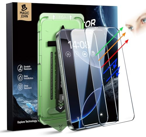 MAGIC JOHN 2 Stück für iPhone 16 Pro (6,3 Zoll) Displayschutz Augenschutz Anti-Blaulicht, HD Klar, Auto Dust-Elimination, 9H-Gehärtetes Glas & Kratzfest, Vollständige Kantenabdeckung
