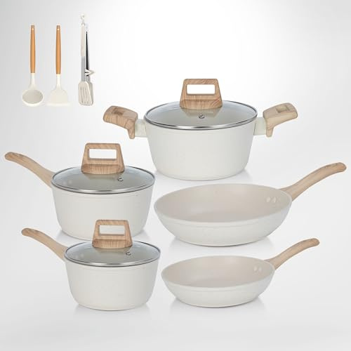 SHEUMNT Set di 11 pentole e padelle, set di pentole antiaderenti, set di pentole a induzione in granito bianco antiaderente con padelle e casseruole