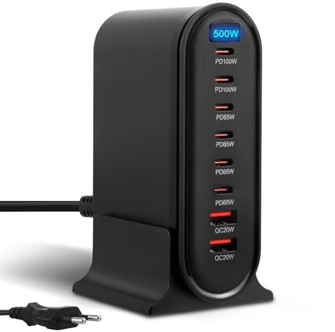 500W Caricatore USB Multiplo, 8 Porte Stazione di Ricarica Veloce Caricabatterie USB C PD PPS 100W Alimentazione Rapido per Laptop Telefono Cellulare