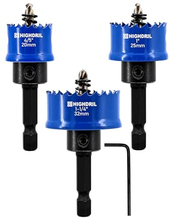 HIGHDRIL 3pcs Hole Saw Set - 20/25/32MM Drill Bits, Quick-Change Shank Hole Cutters for Thin Steel, Aluminum, Copper, Wood, Plastic, Drywall, Acrylic