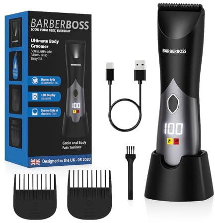 BarberBoss Schnurloser Bartschneider für Männer, Körperpflege, Leistenhaarschneidemaschine mit einstellbaren Längen, Nass/Trockengebrauch & Smart-Display, wiederaufladbares Fellpflegeset