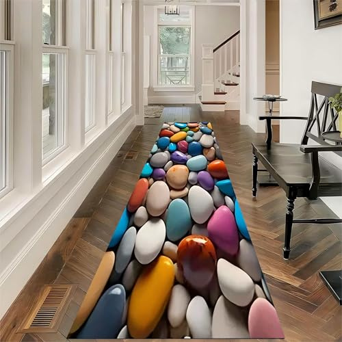 USHIRUG Pebble Runner Rug, 60x180cm Colorful Stone Design Creative Hallway Carpet, Modern Minimalist and Stylish Home Decor Mat, Non-Slip Washable Easy-To-Clean Runner Rugs for Living Rooms Kitchens